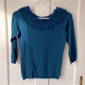 The Limited blue/green teal ruched/ruffled sweater 3/4 sleeve NWOT XS